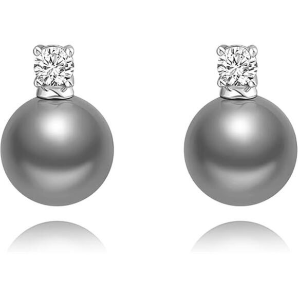 Platinum-Plated Silver Grey Pearl Drop Earrings – Square CZ Stud, Minimalist - Picture 6 of 6